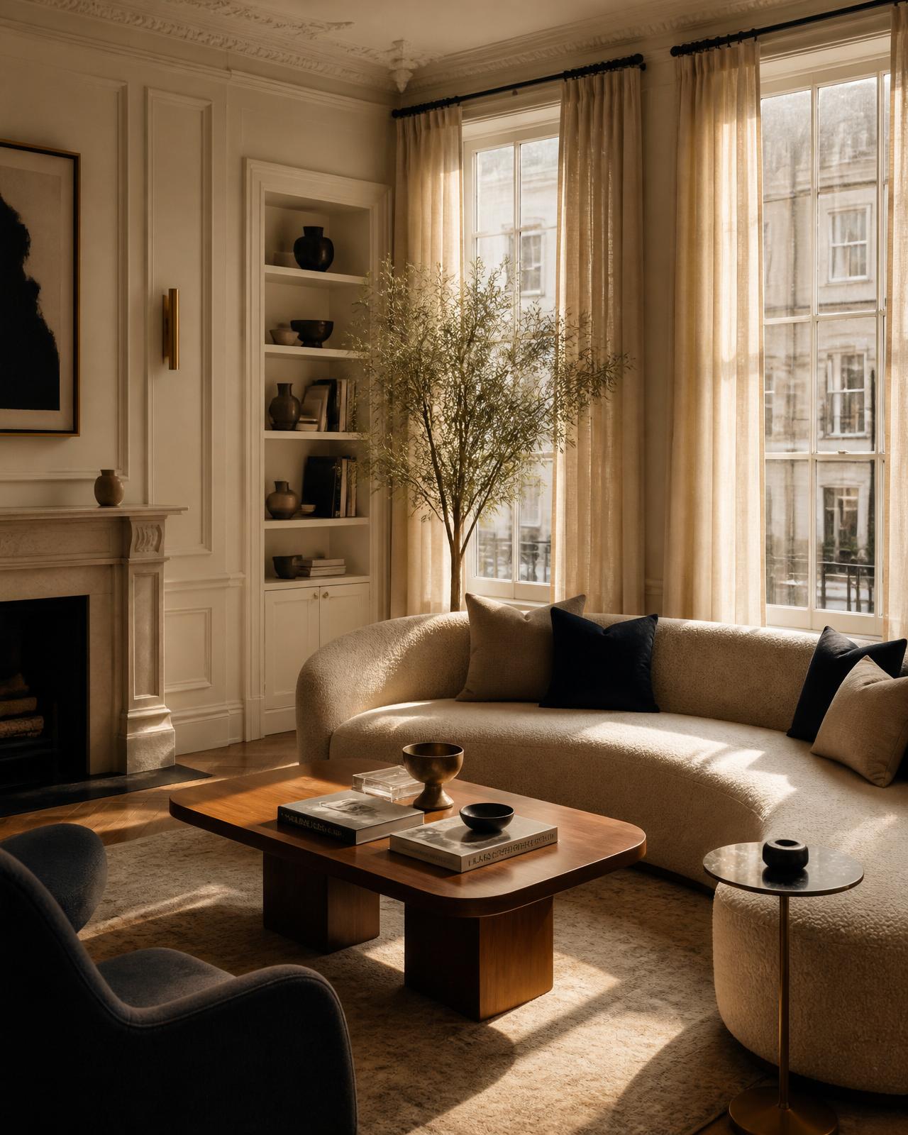 Editorial interior of a serviced apartment in London townhouse at golden hour